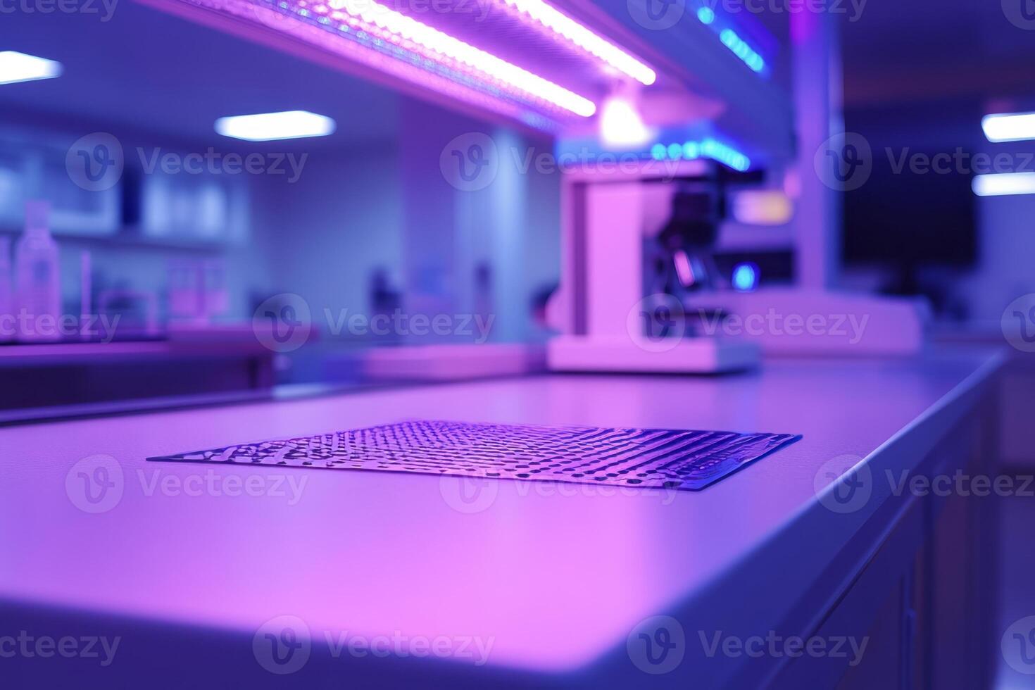 Close-up of a modern laboratory workspace with purple lighting, featuring a microscope and a patterned slide. photo