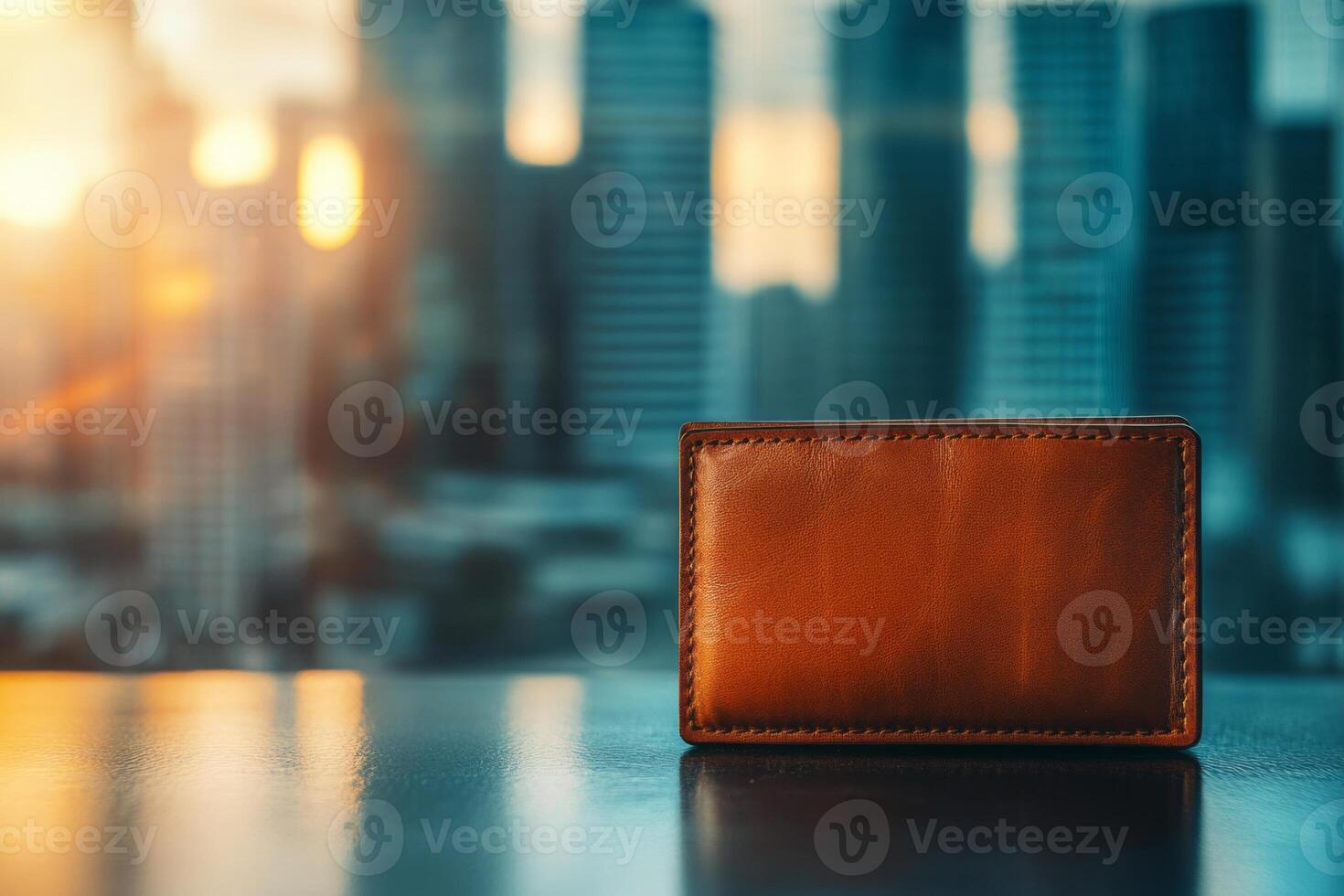 A stylish brown leather wallet on a reflective surface, with a city skyline at sunset blurred in the background. photo