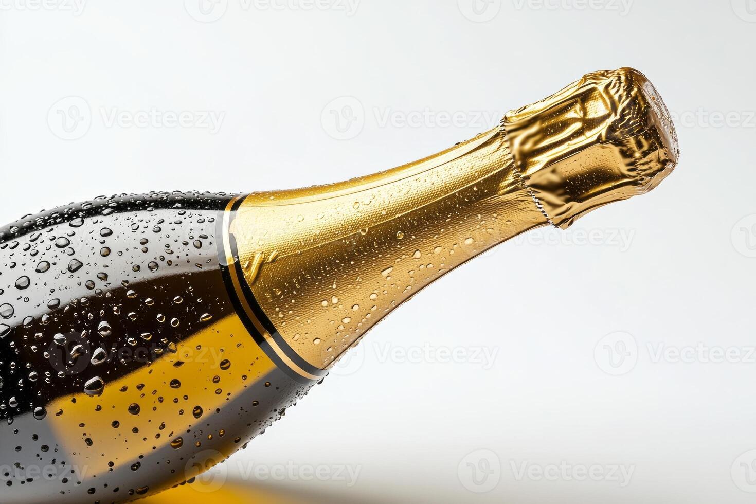 A close-up of a luxury champagne bottle glistening with droplets, exuding elegance and celebration. photo