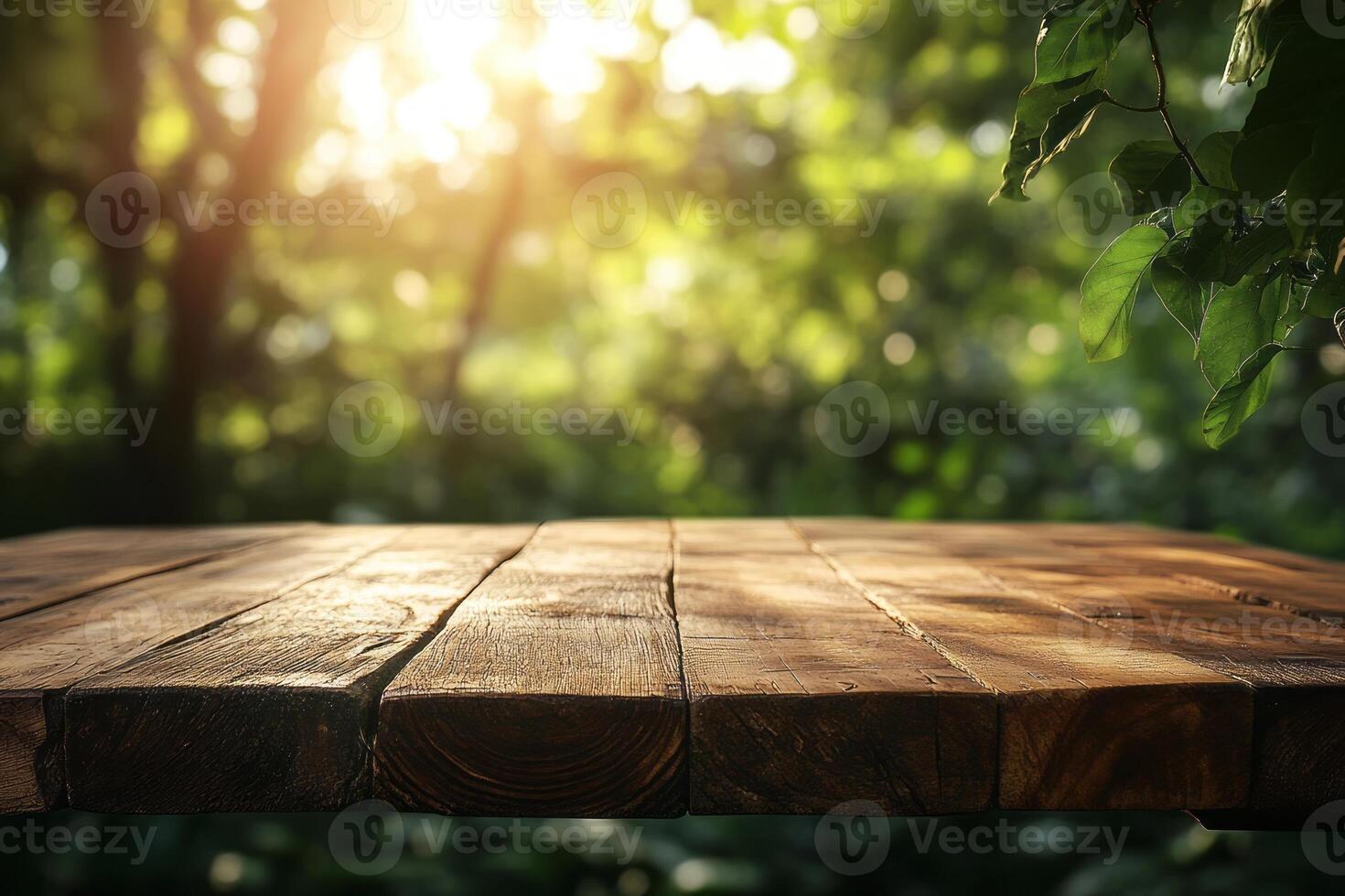 A rustic wooden tabletop bathed in warm sunlight, surrounded by lush greenery, creating a serene and inviting atmosphere. photo