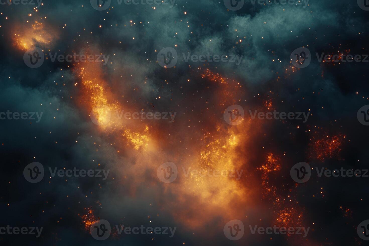 A stunning cosmic scene featuring vibrant orange and dark gray clouds, reminiscent of interstellar gas and stars in deep space. photo
