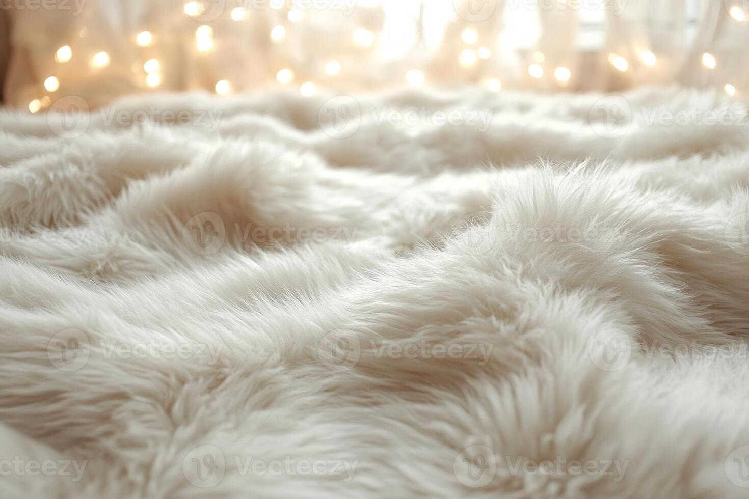 A soft, fluffy white fur blanket creates a cozy and inviting atmosphere, illuminated by warm, twinkling lights in the background. photo
