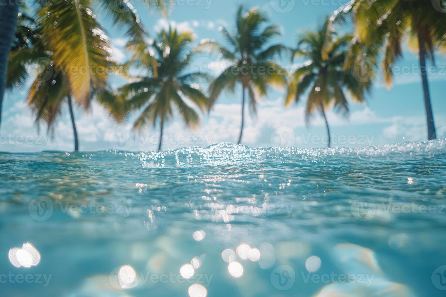 Serene view of turquoise water with palm trees in the background, evoking a peaceful tropical paradise. photo