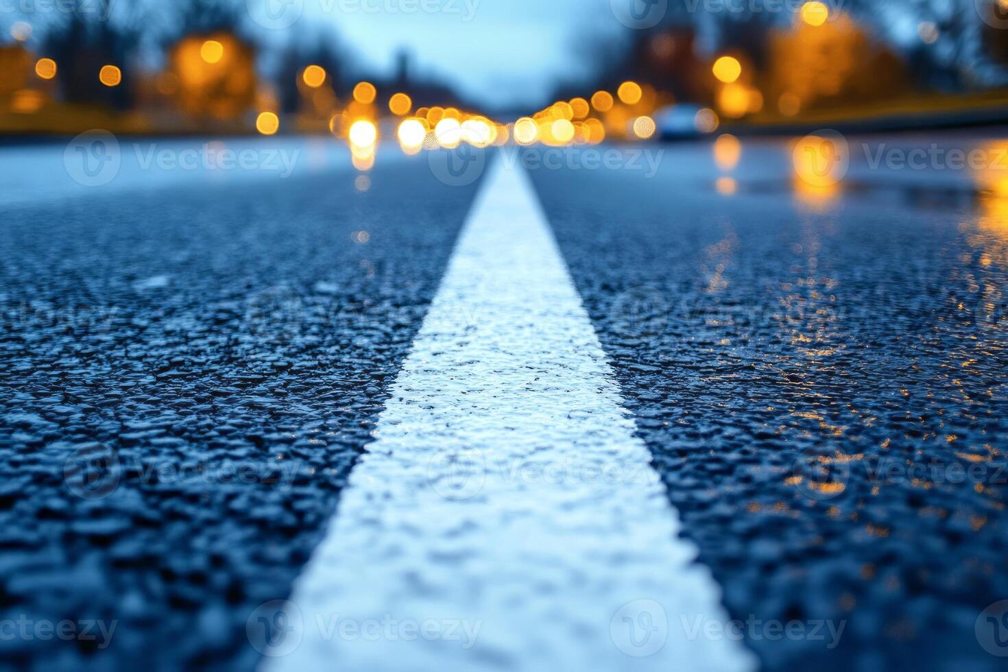 Close-up of a wet road with a white lane line, accentuated by shimmering reflections and blurred lights in the background. photo