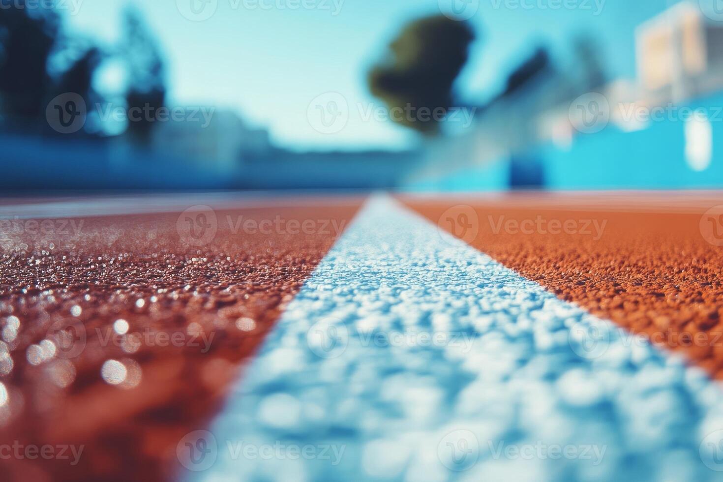 Vibrant perspective of a red athletic track under a clear blue sky, capturing the essence of sports and energy. photo