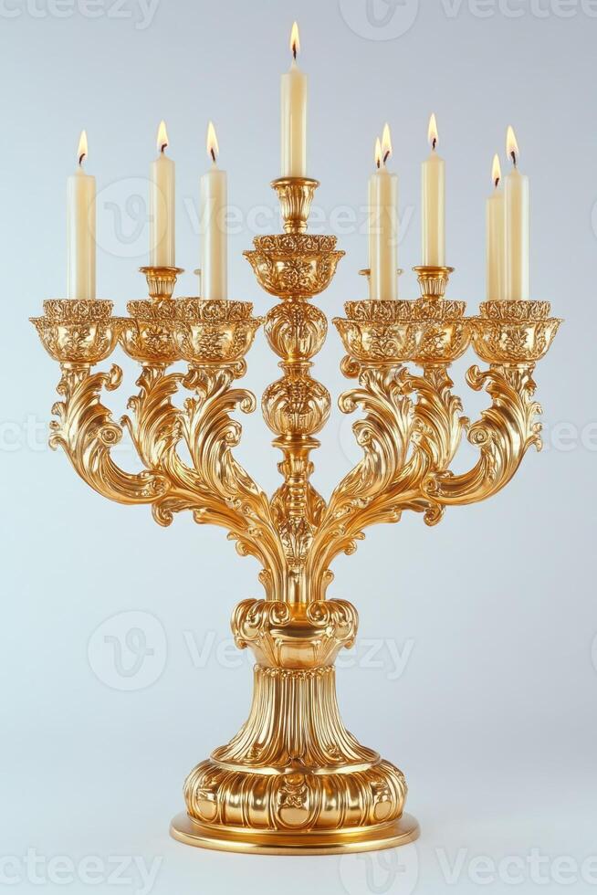 Elegant golden candelabra with six lit candles, showcasing intricate designs and a luxurious finish. photo