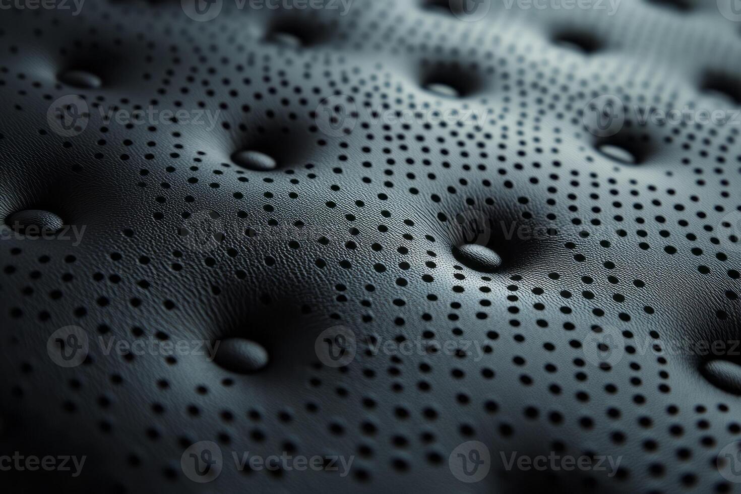 Close-up of a textured black leather surface with dotted patterns and tufted design. photo