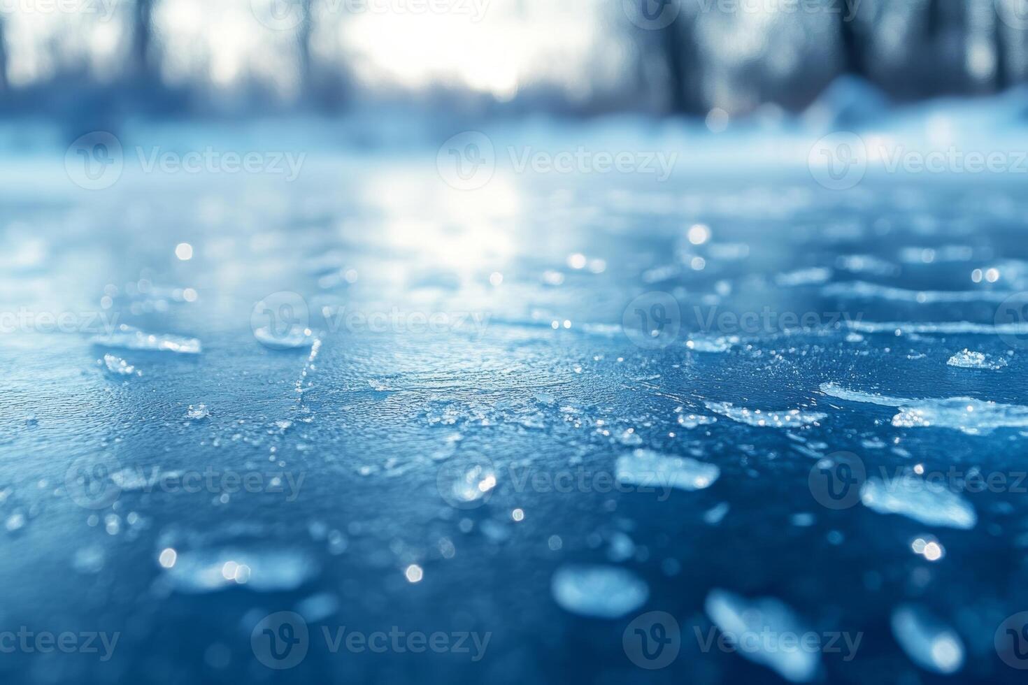 Abstract close-up of melting ice on a frozen surface, showcasing a serene winter scene with a soft blue hue. photo