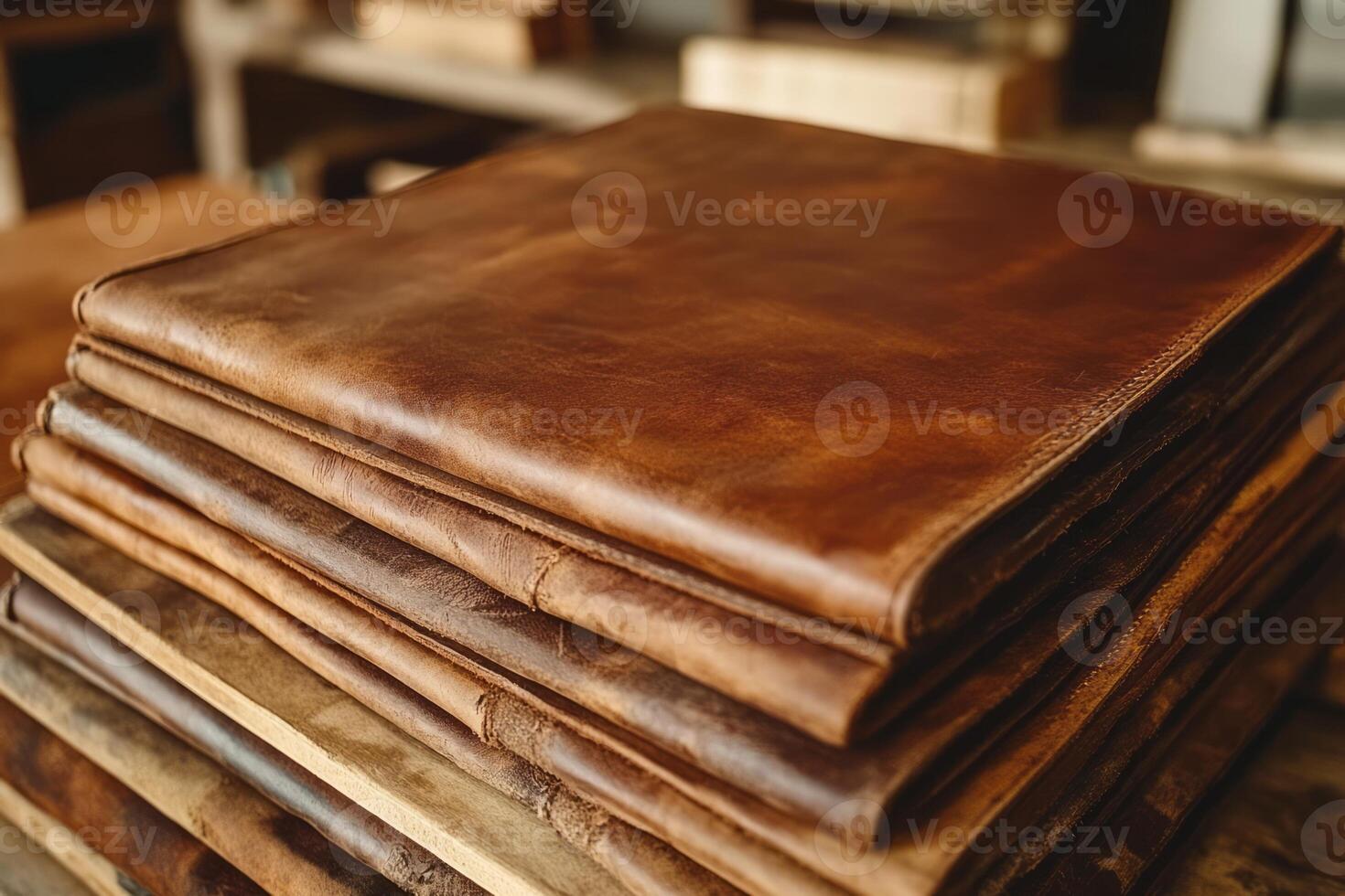 Stack of rich, dark brown leather sheets showcasing texture and craftsmanship. photo