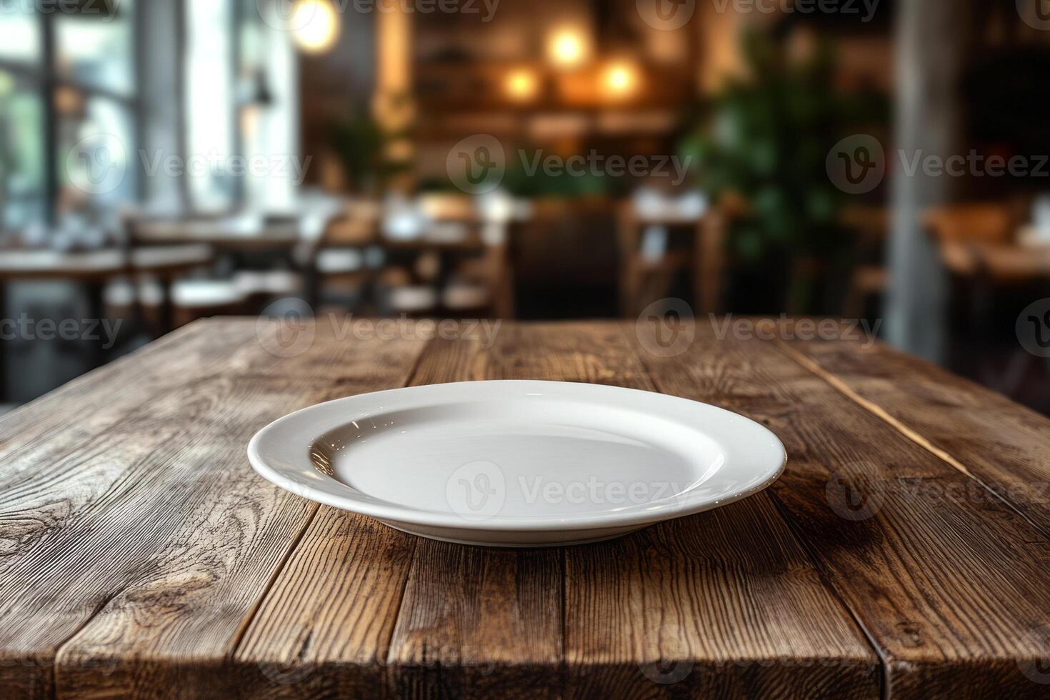 A simple white plate elegantly placed on a rustic wooden table in a cozy restaurant setting. photo