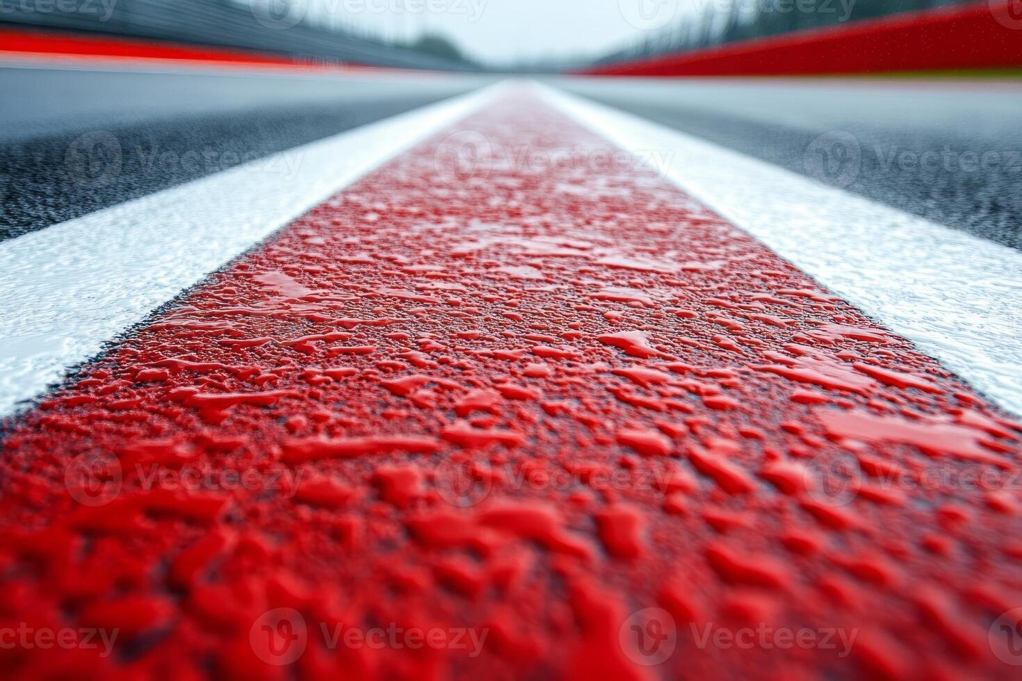 Close-up of a rain-drenched racetrack featuring vibrant red and white markings. photo