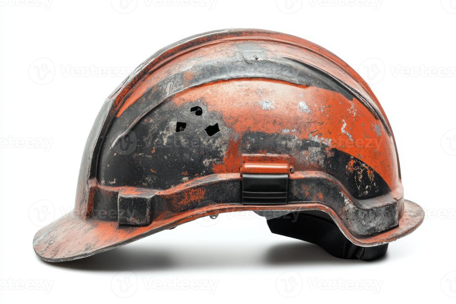 Worn steel helmet showcasing rustic charm with scratches and imperfections, representing hard work and resilience. photo