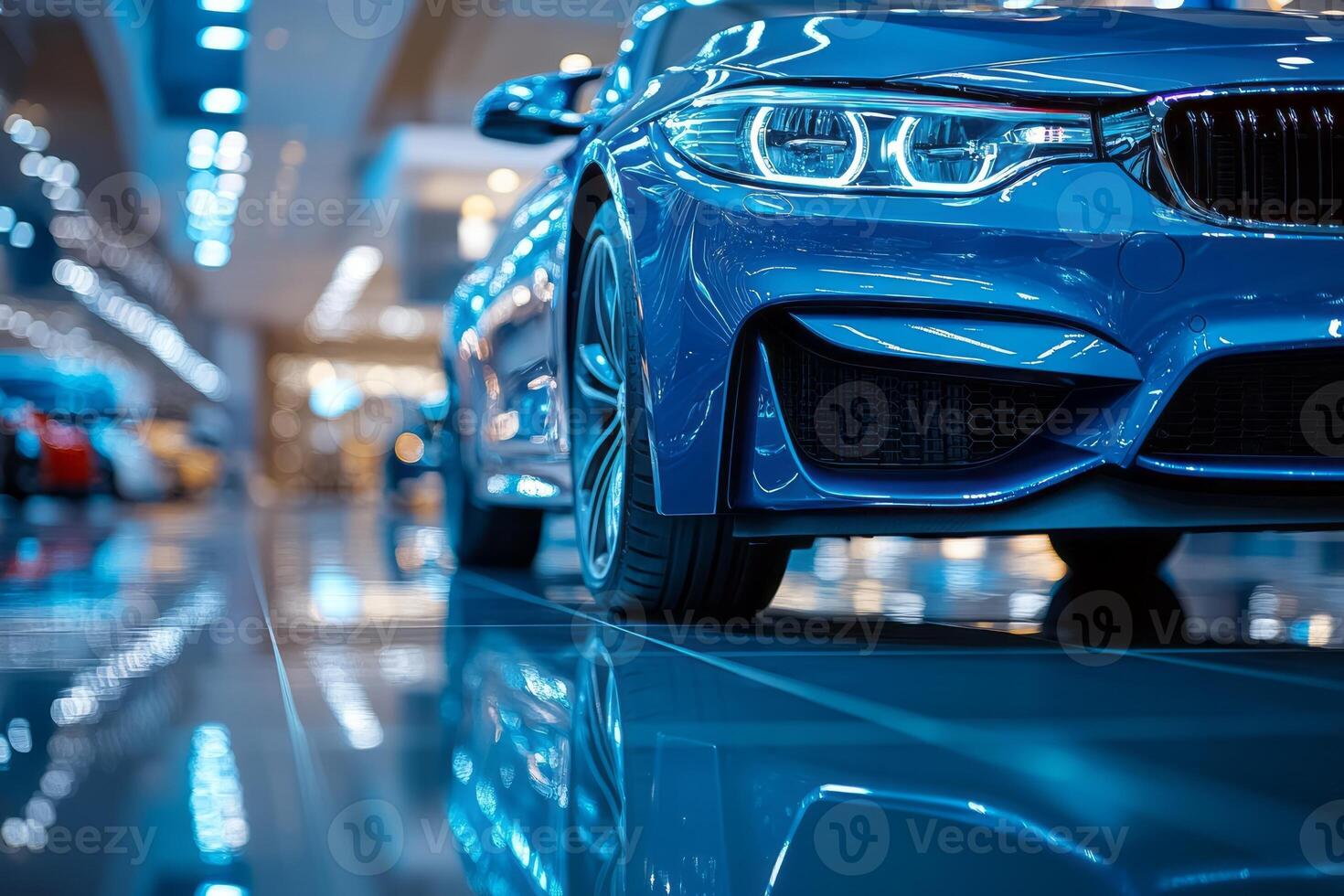 Close-up of a sleek blue sports car showcasing its angular design and shining reflections in a modern showroom. photo