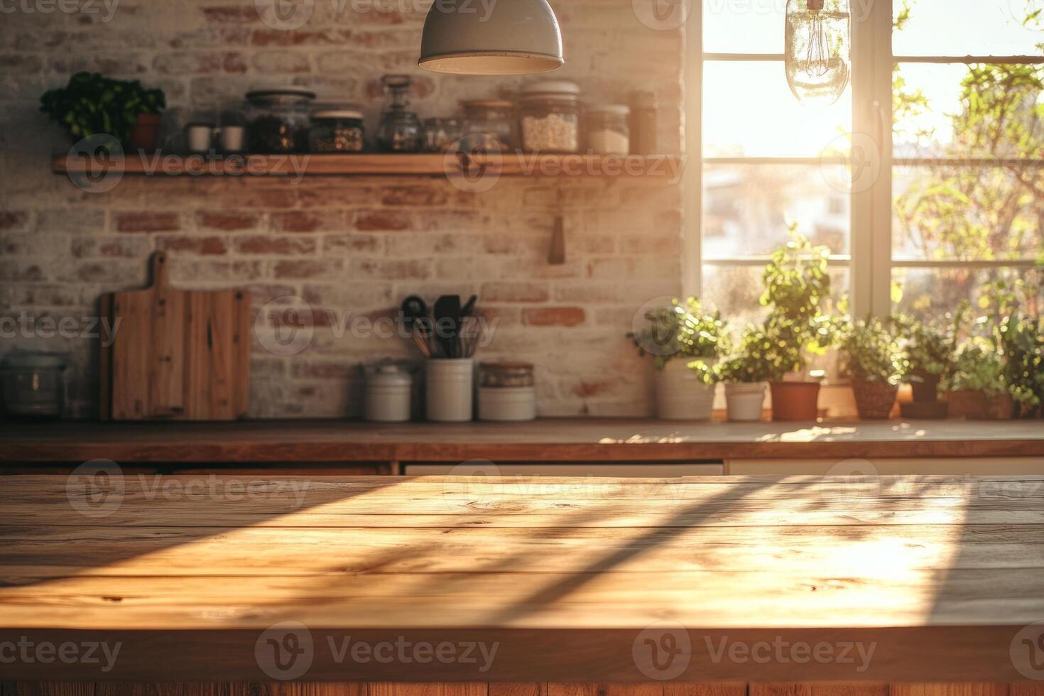 Warm and inviting kitchen interior with sunlight streaming through large windows and highlighting a wooden table. photo