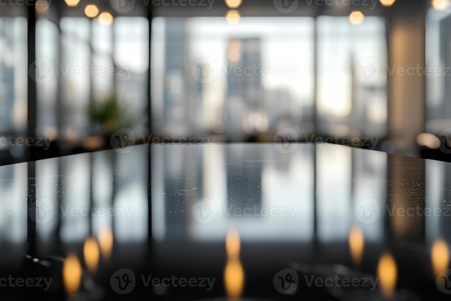A sleek, polished black table in focus, reflecting soft lights from an urban background. photo