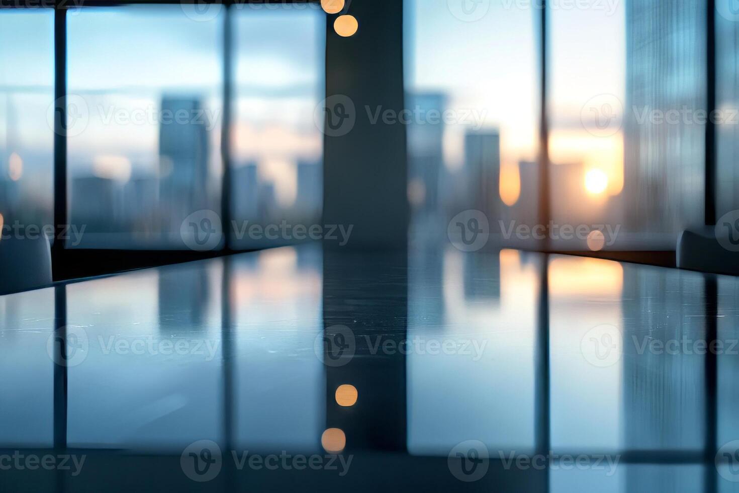 A sleek boardroom table reflects the sunset through large windows, creating a serene atmosphere for meetings. photo