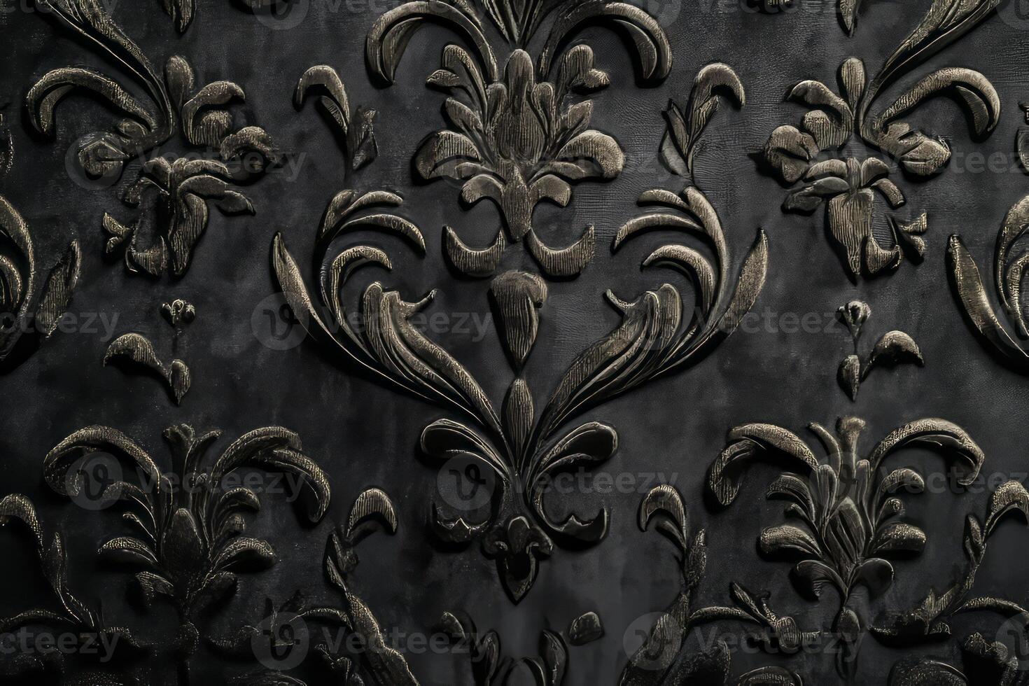 Intricate black floral damask pattern with a raised texture, adding elegance and depth to interior design. photo