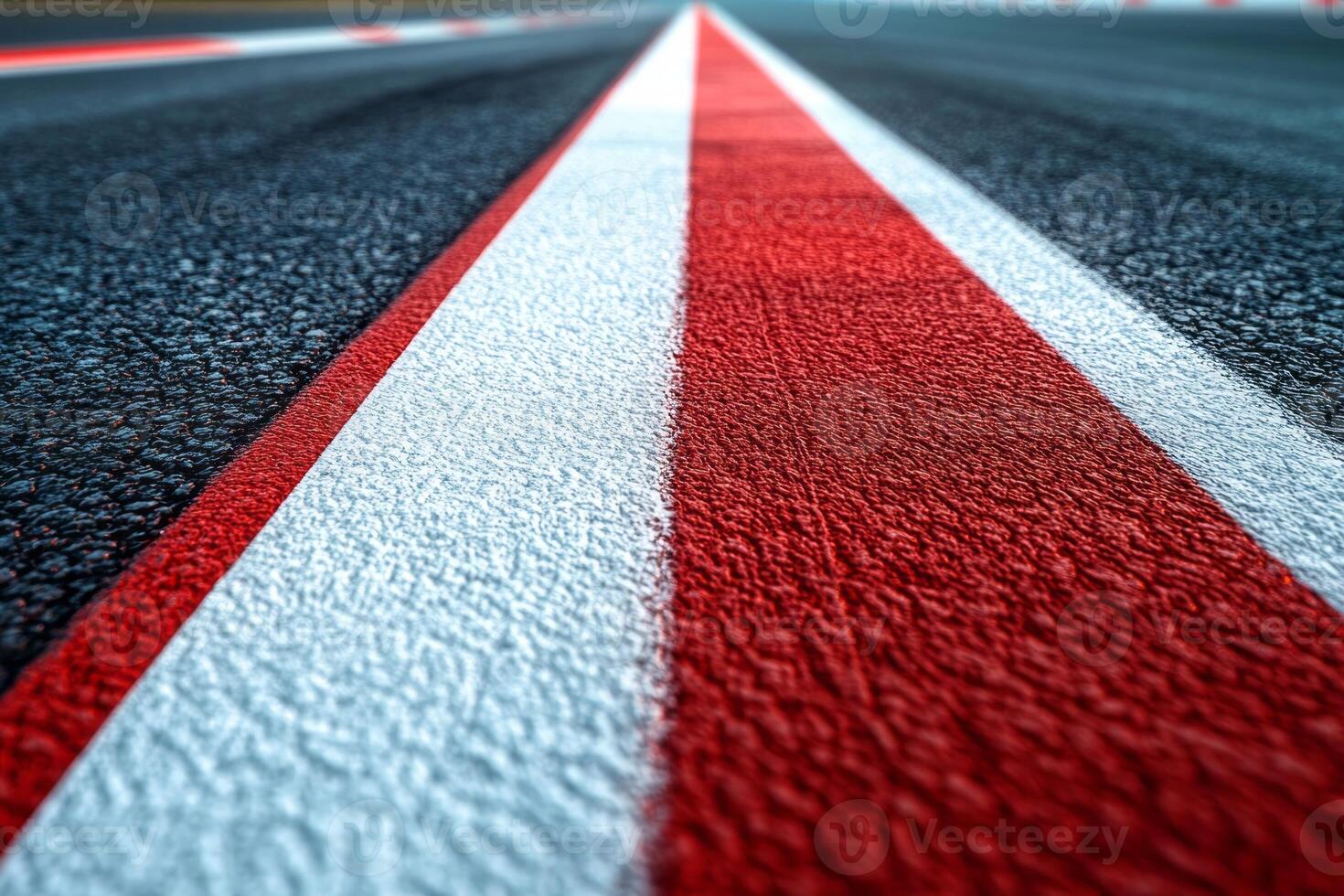 Close-up view of a racetrack featuring distinct red and white lines, emphasizing speed and competition. photo
