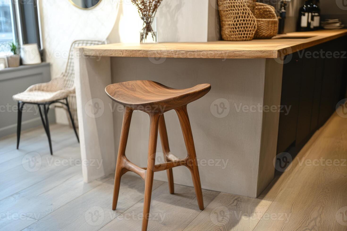 Stylish wooden stool in a modern kitchen setting with neutral tones and elegant decor. photo