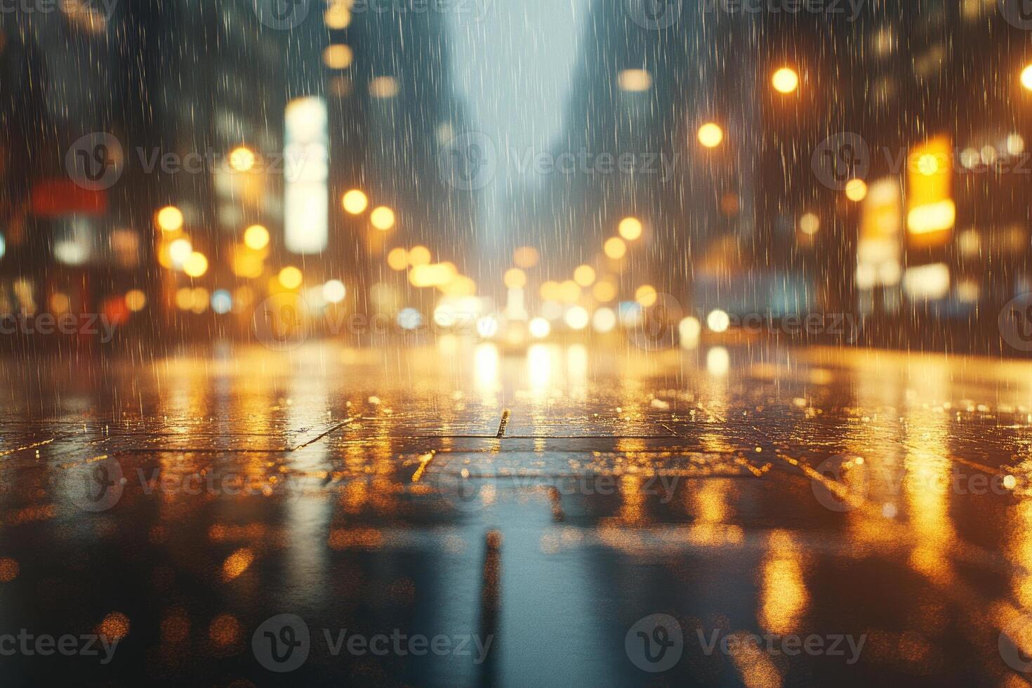 A rainy evening in the city, with shimmering reflections and glowing streetlights creating a dreamy atmosphere. photo