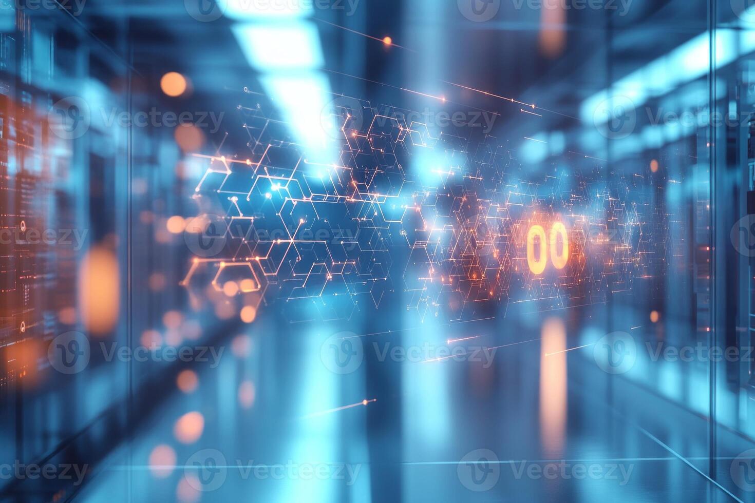 Abstract digital interface with vibrant colors and glowing elements in a modern technology setting. photo