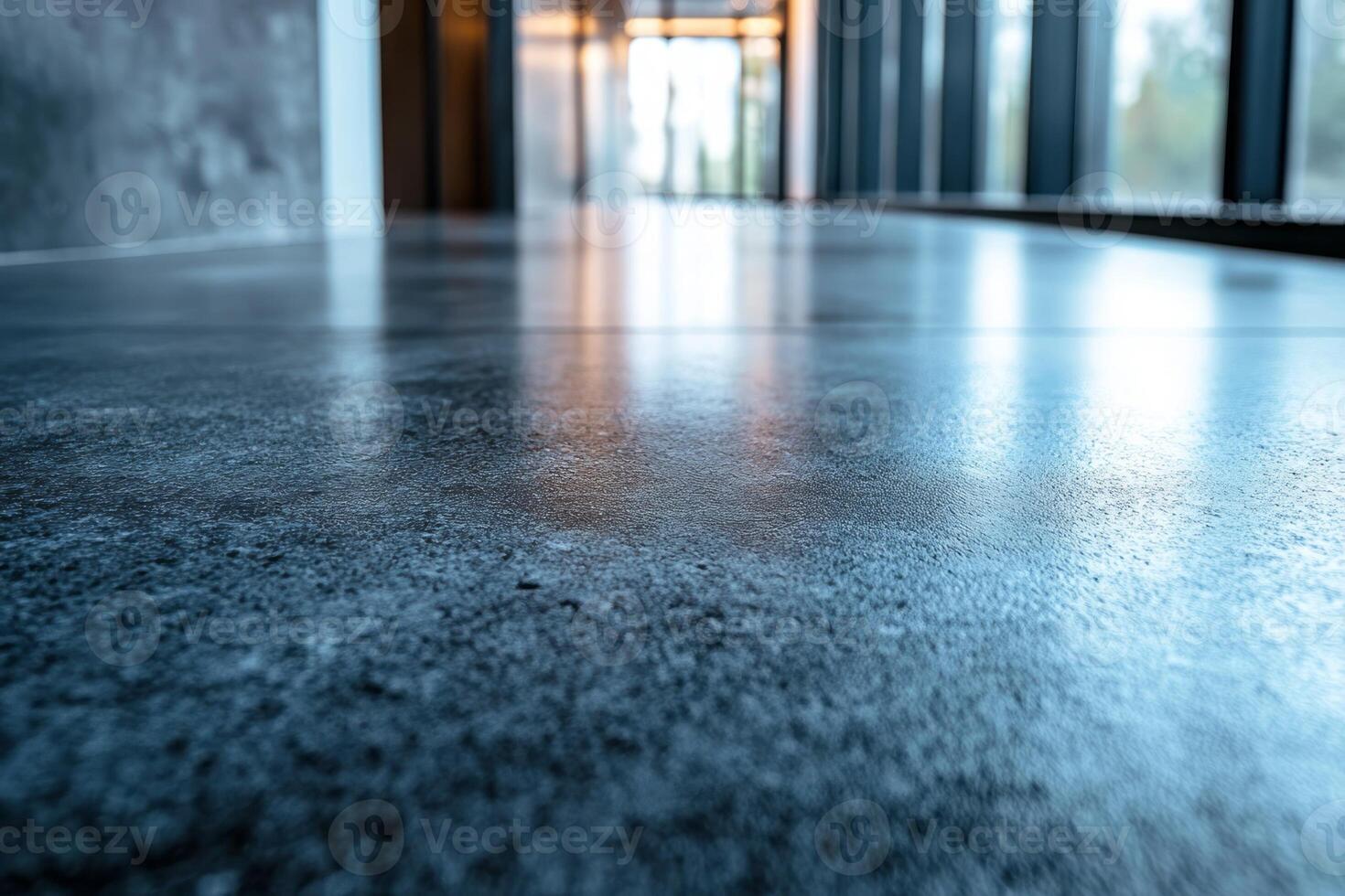 A sleek, polished concrete floor captures the modern architectural elegance of a spacious interior with large windows. photo