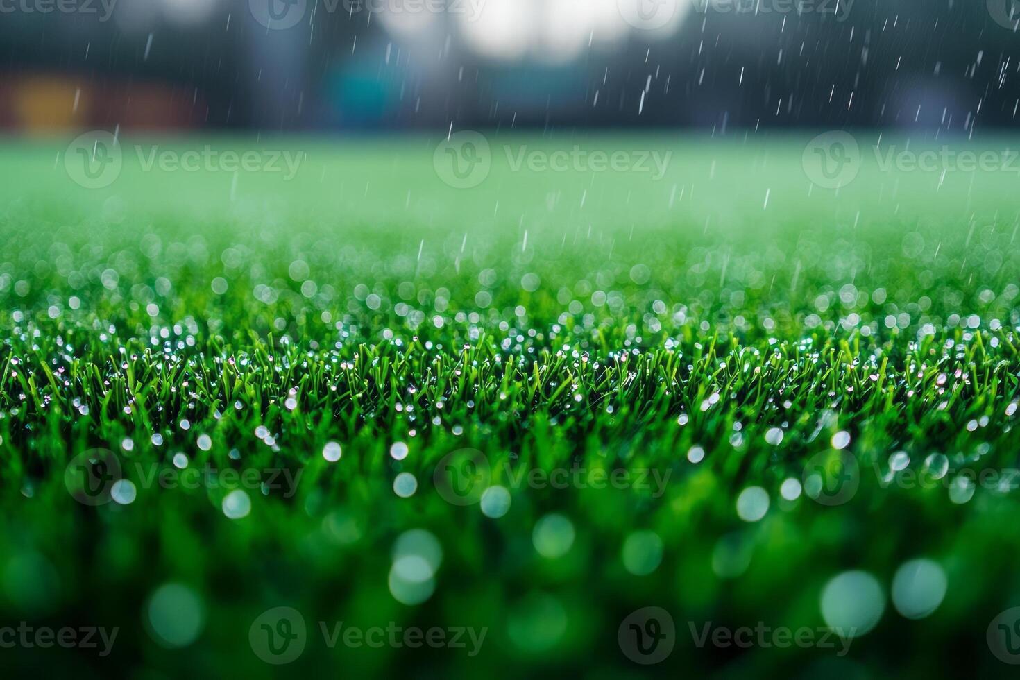 Dew-covered artificial grass glistens in the rain, creating a vibrant green landscape. photo