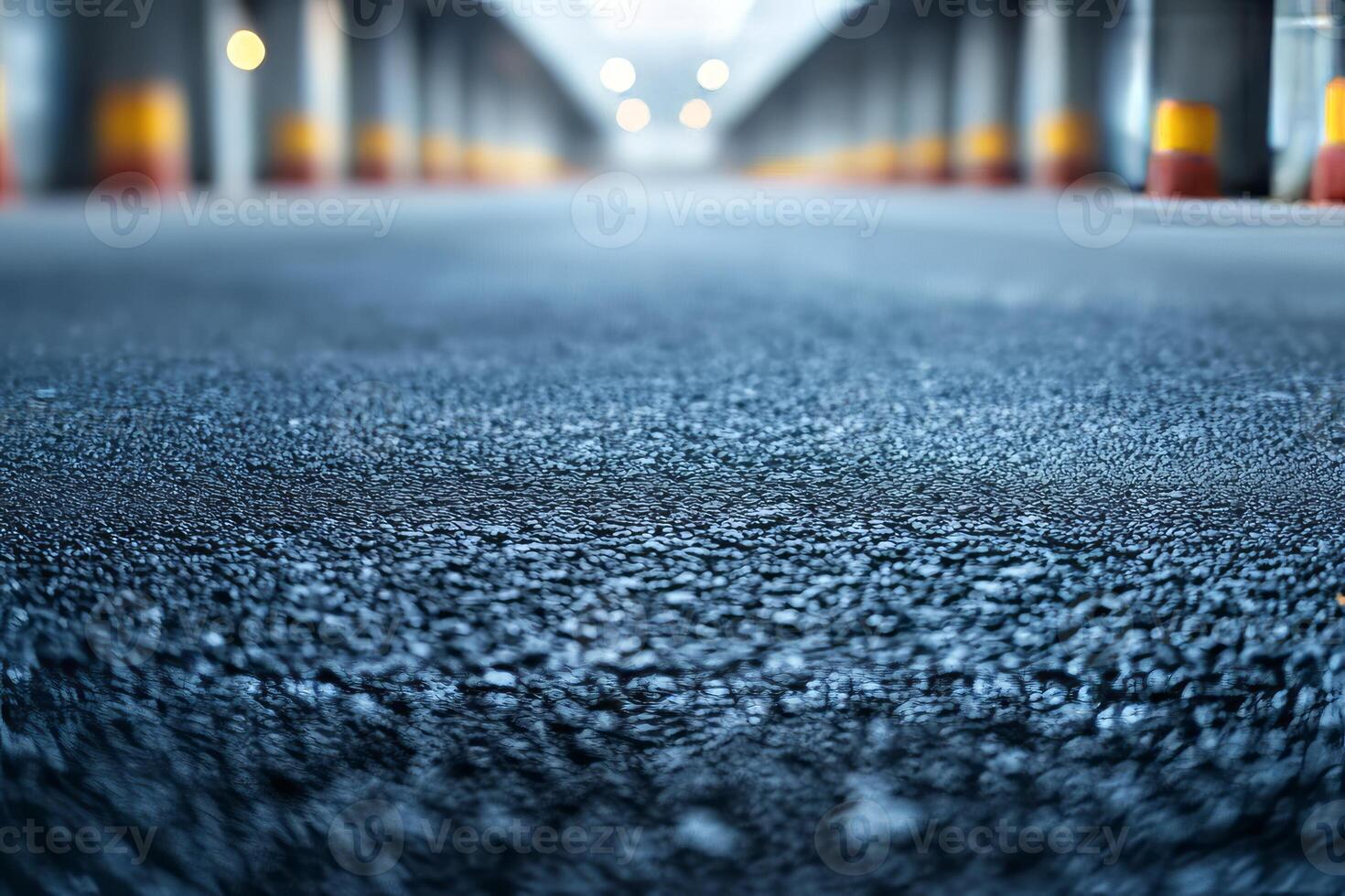 Close-up of a textured asphalt surface in a dimly lit parking garage, featuring blurred yellow and red barriers in the background. photo
