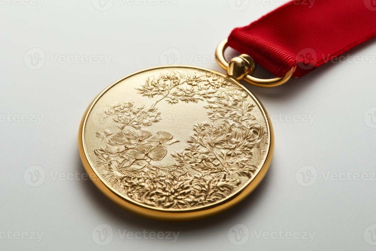Close-up of a gleaming gold medal adorned with intricate floral designs and a vibrant red ribbon. photo