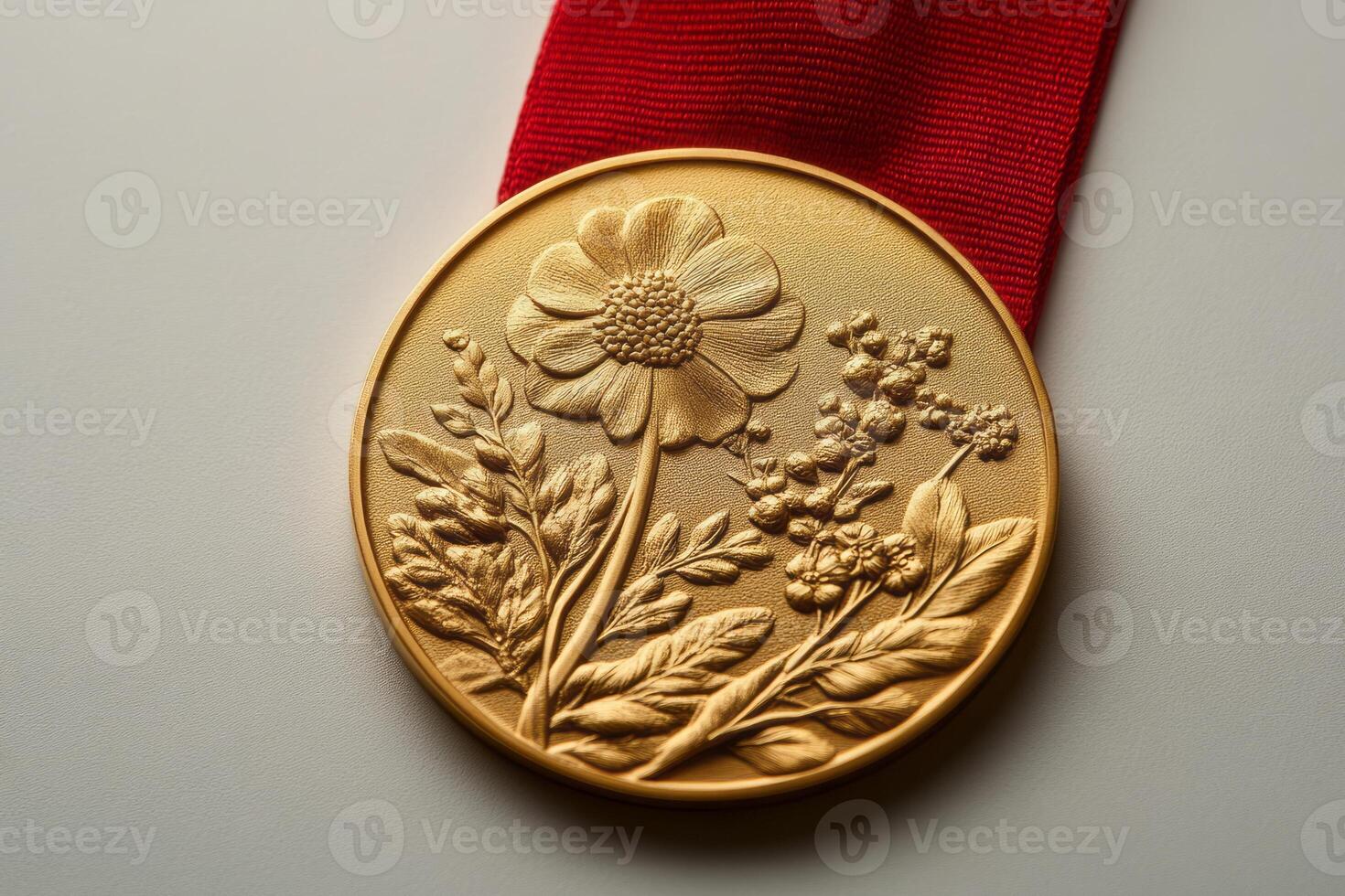 An exquisite gold medal featuring an embossed floral design and red ribbon, symbolizing achievement and excellence. photo