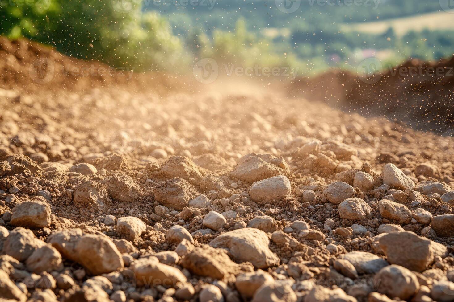 Close-up of rich, textured soil with scattered pebbles, illuminated by warm, golden sunlight. photo