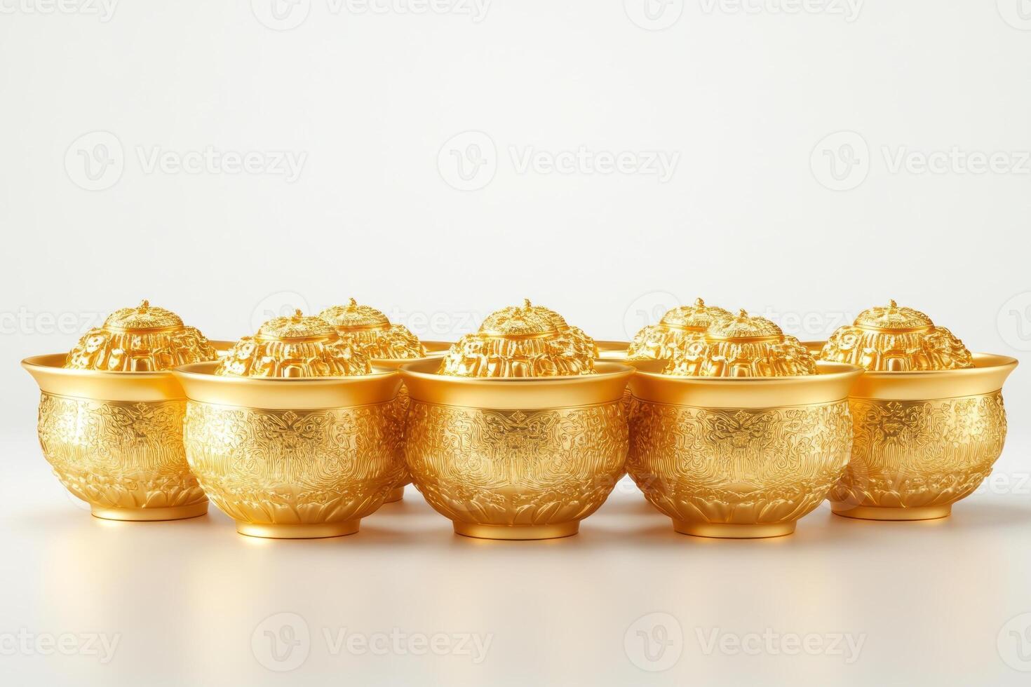 A collection of intricately designed golden bowls, showcasing elegance and luxury in a bright setting. photo