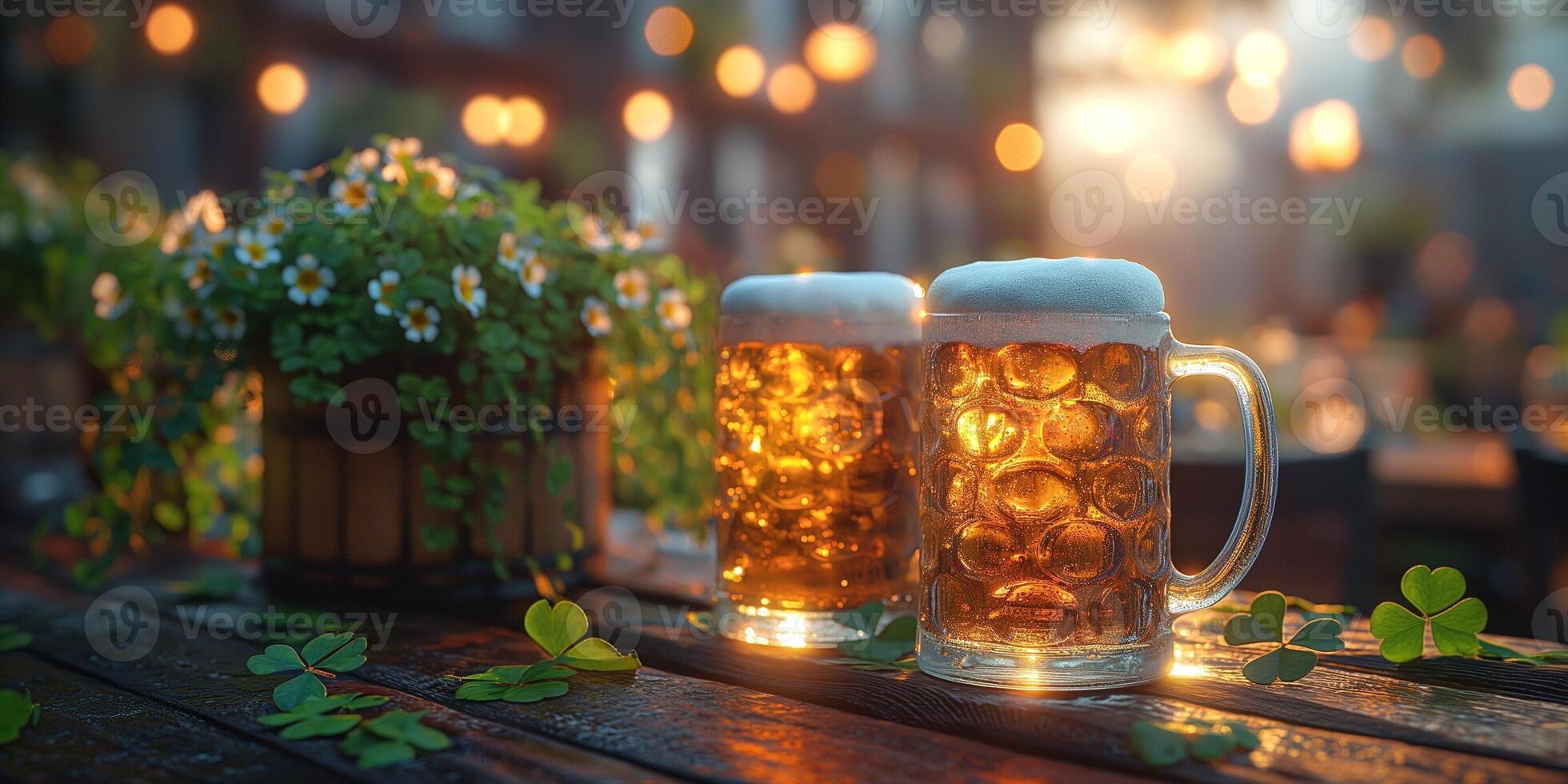 Two frothy mugs of beer sit on a rustic wooden table, surrounded by vibrant greenery and glowing lights, creating a warm, inviting atmosphere. photo
