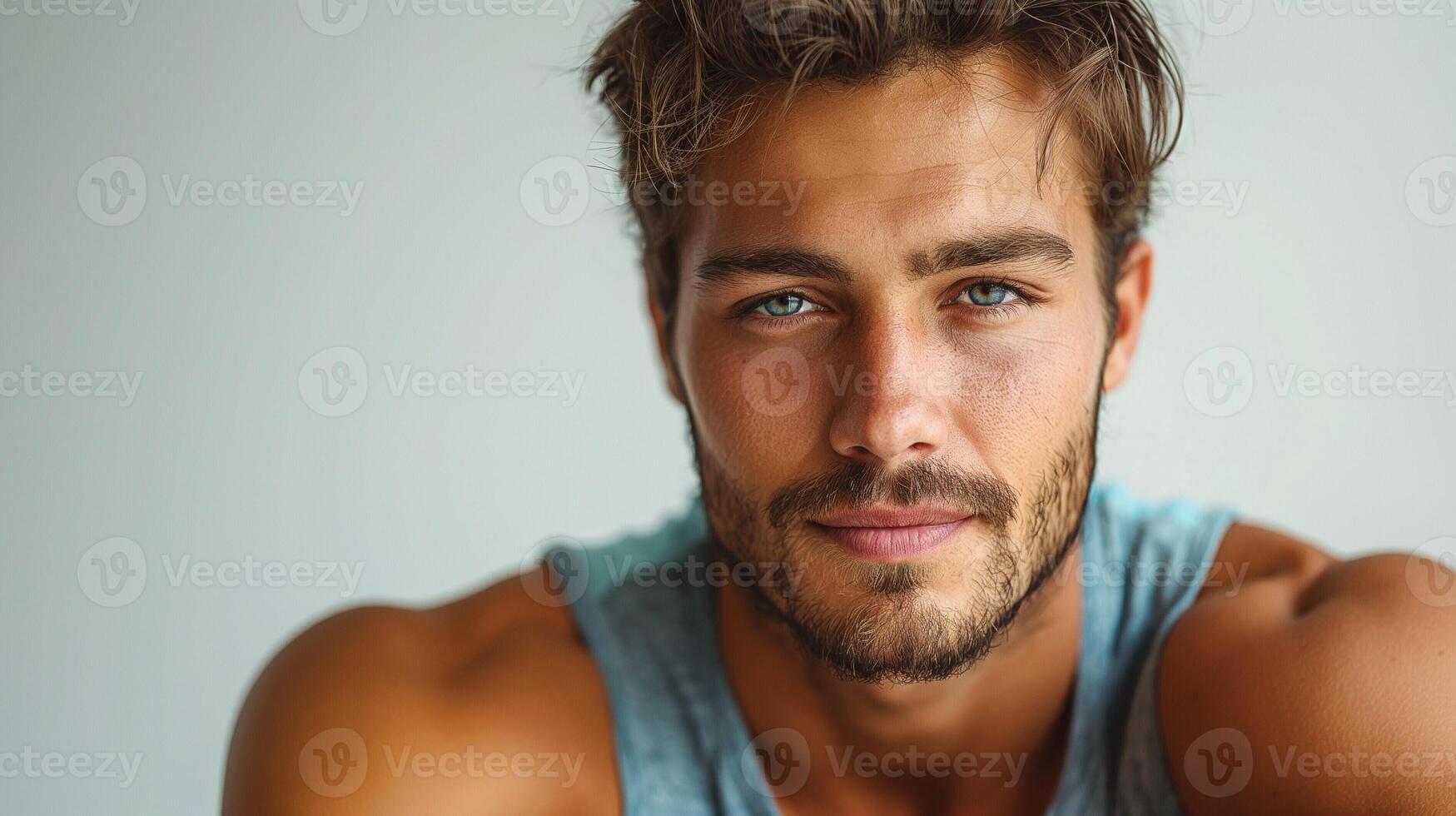 A handsome young man of Caucasian descent with striking blue eyes and a beard, exuding confidence and charisma. photo