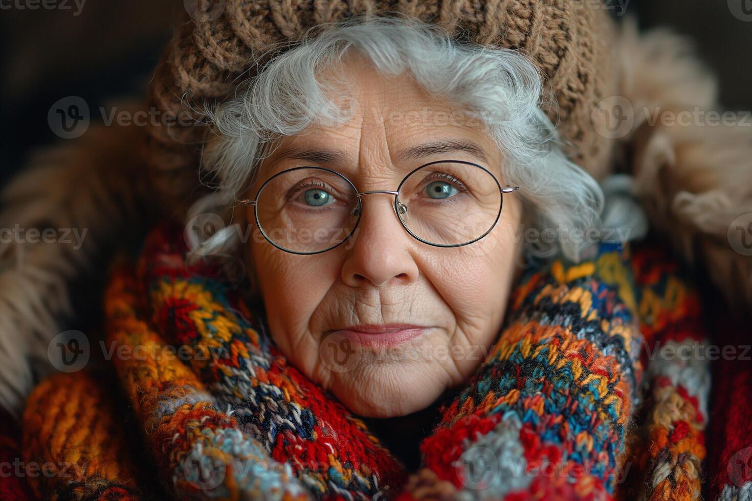 An elderly woman with gray hair and glasses, wrapped in a colorful knitted scarf, exuding warmth and wisdom. photo
