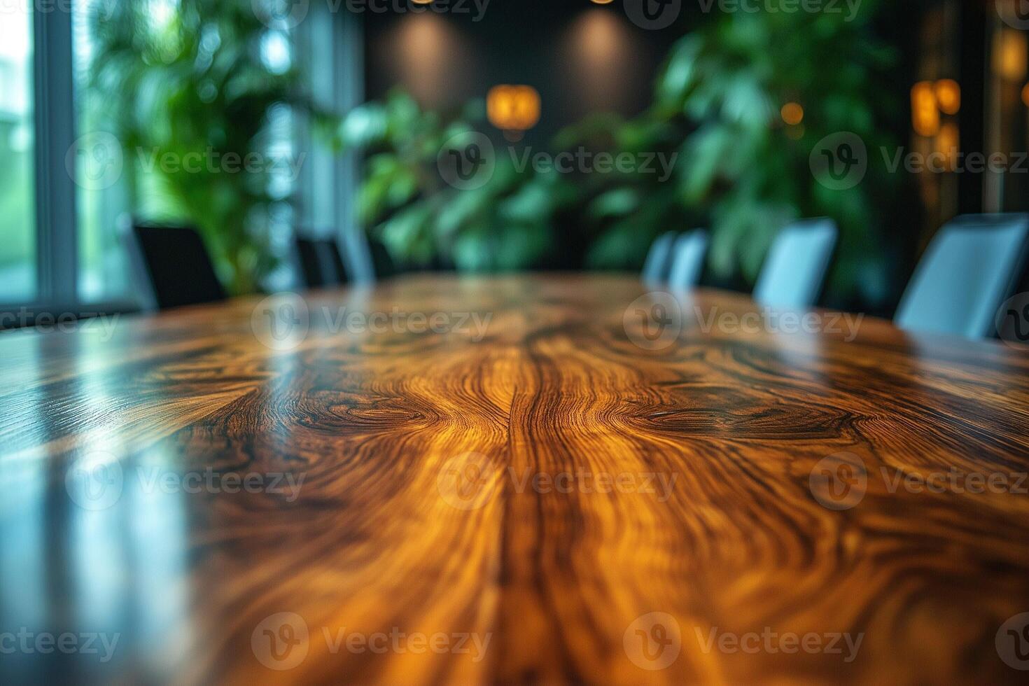 Elegant wooden conference table surrounded by modern chairs in a stylish, plant-filled meeting room. photo