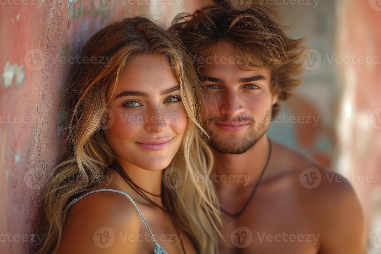A young couple smiles warmly, showcasing joy and connection against a rustic, weathered backdrop. photo