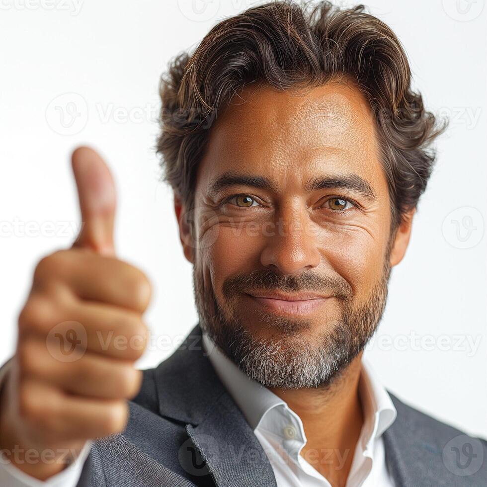 Smiling Caucasian man in a suit giving a thumbs-up gesture against a neutral background. photo