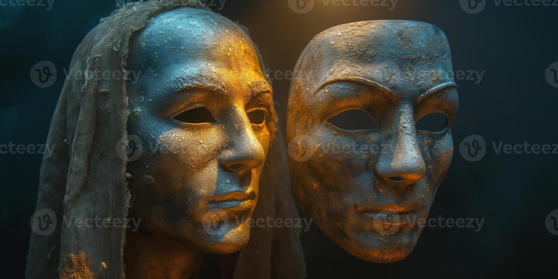Two ancient masks appear eerily in a dimly lit setting, evoking mystery and intrigue. photo