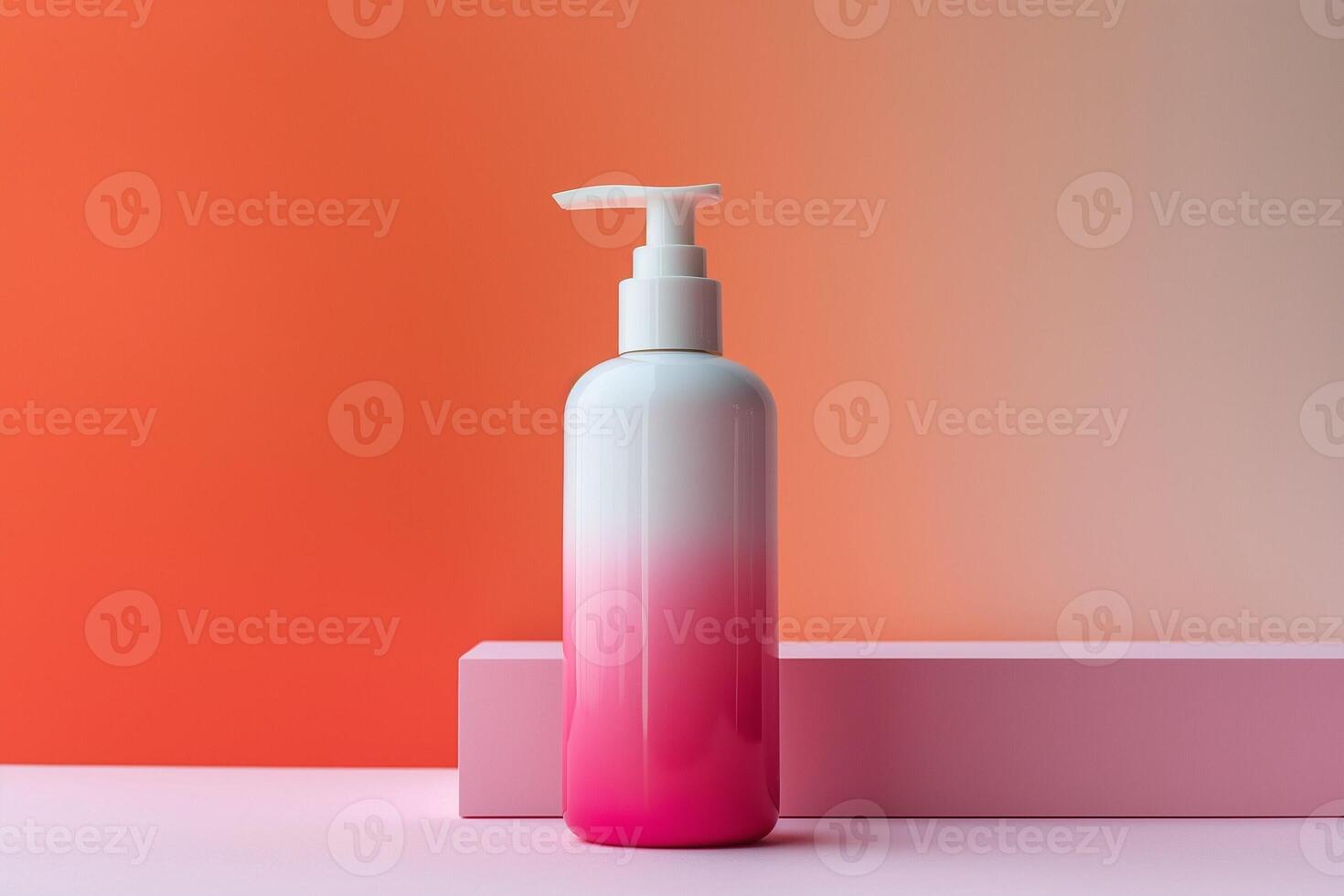 A sleek, gradient pink and white pump bottle stands against a soft, colorful background, showcasing modern design and elegance. photo