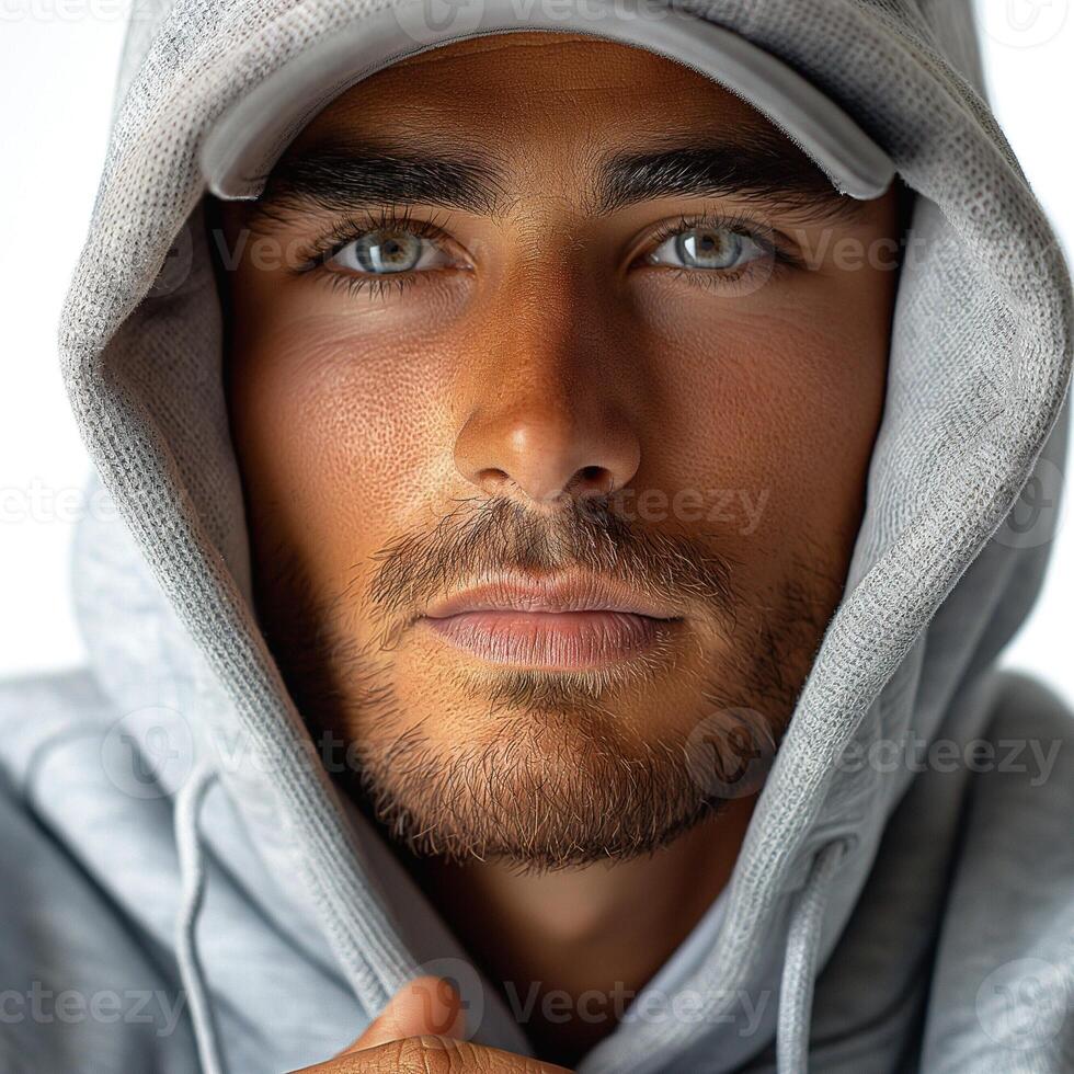 Young Caucasian man with striking blue eyes wearing a gray hoodie and cap, exuding a confident and introspective mood. photo