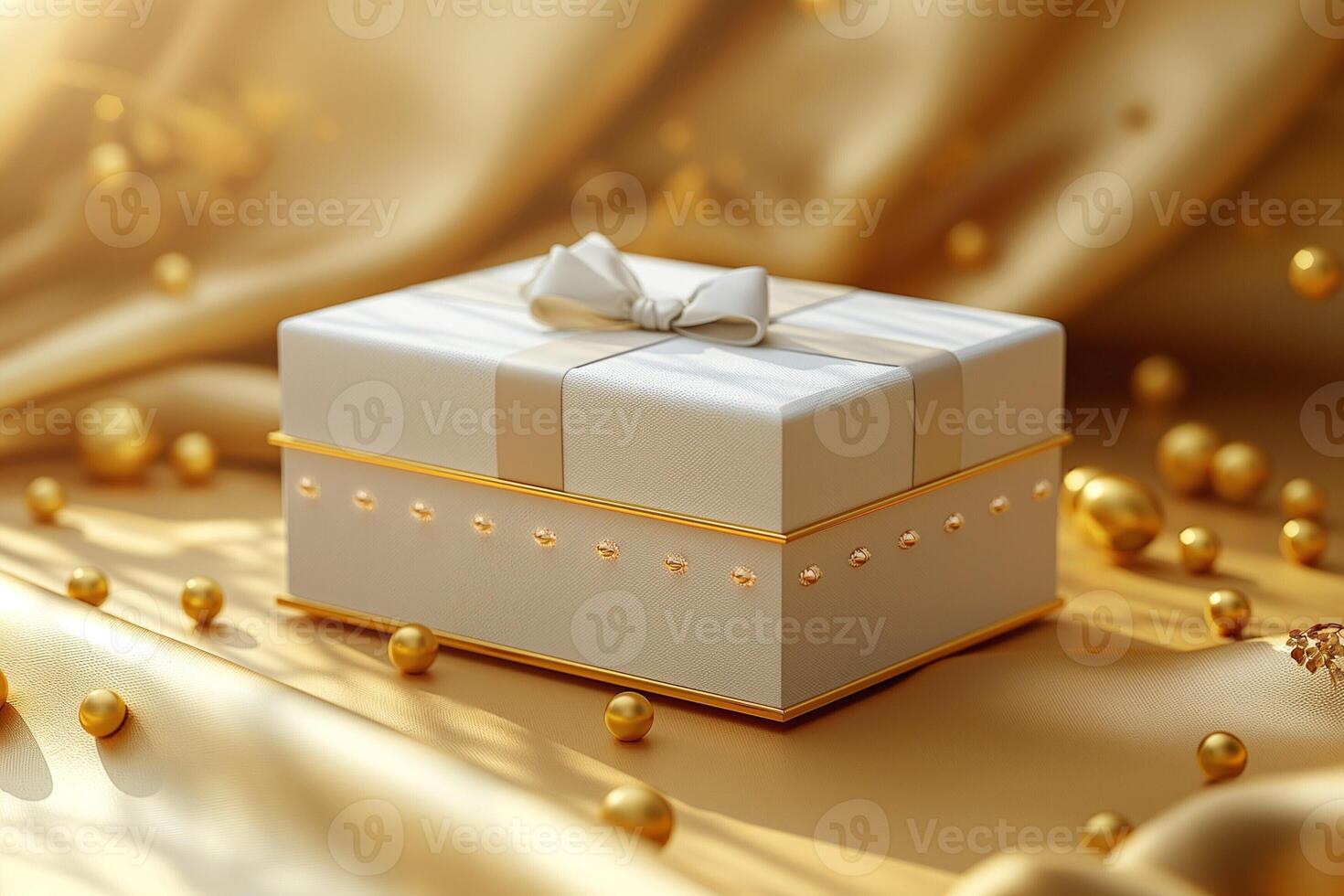Elegant white gift box adorned with a bow, resting on a golden satin backdrop, surrounded by shimmering golden pearls. photo
