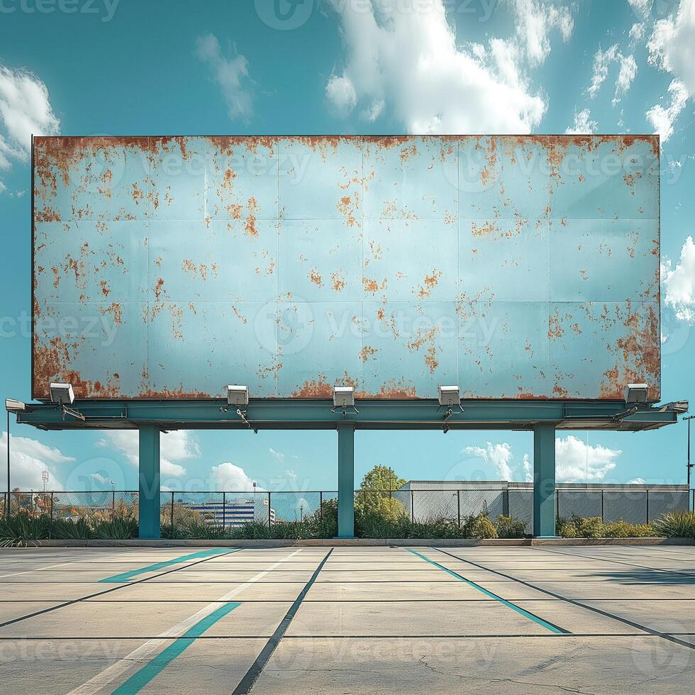 An empty, rusted billboard stands tall against a bright blue sky, evoking a sense of nostalgia and abandonment. photo