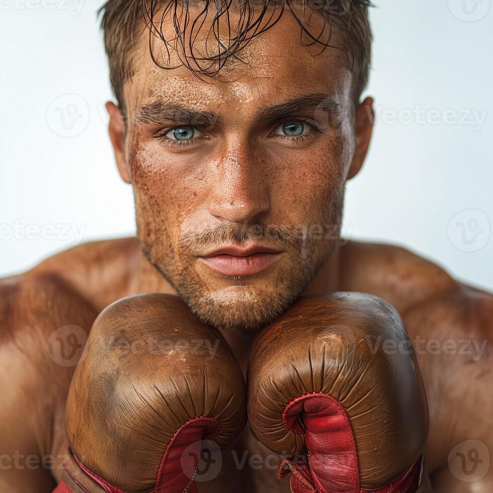 A determined Caucasian male boxer poses intensely, showcasing his powerful physique and worn boxing gloves. photo