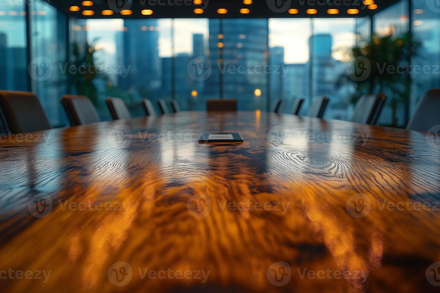 A modern conference room with a sleek wooden table, reflecting warm lighting and a city skyline in the background. photo