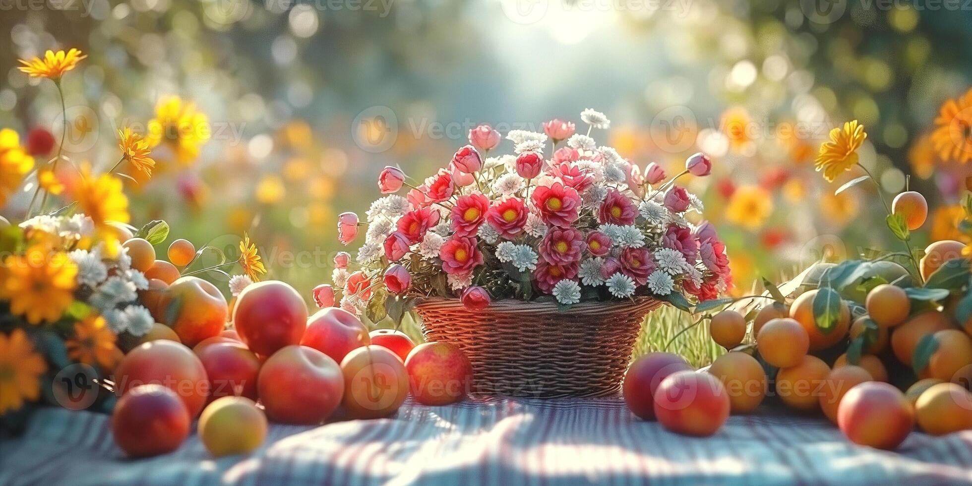 A vibrant display of colorful flowers and fresh fruits in a sunlit outdoor setting. photo
