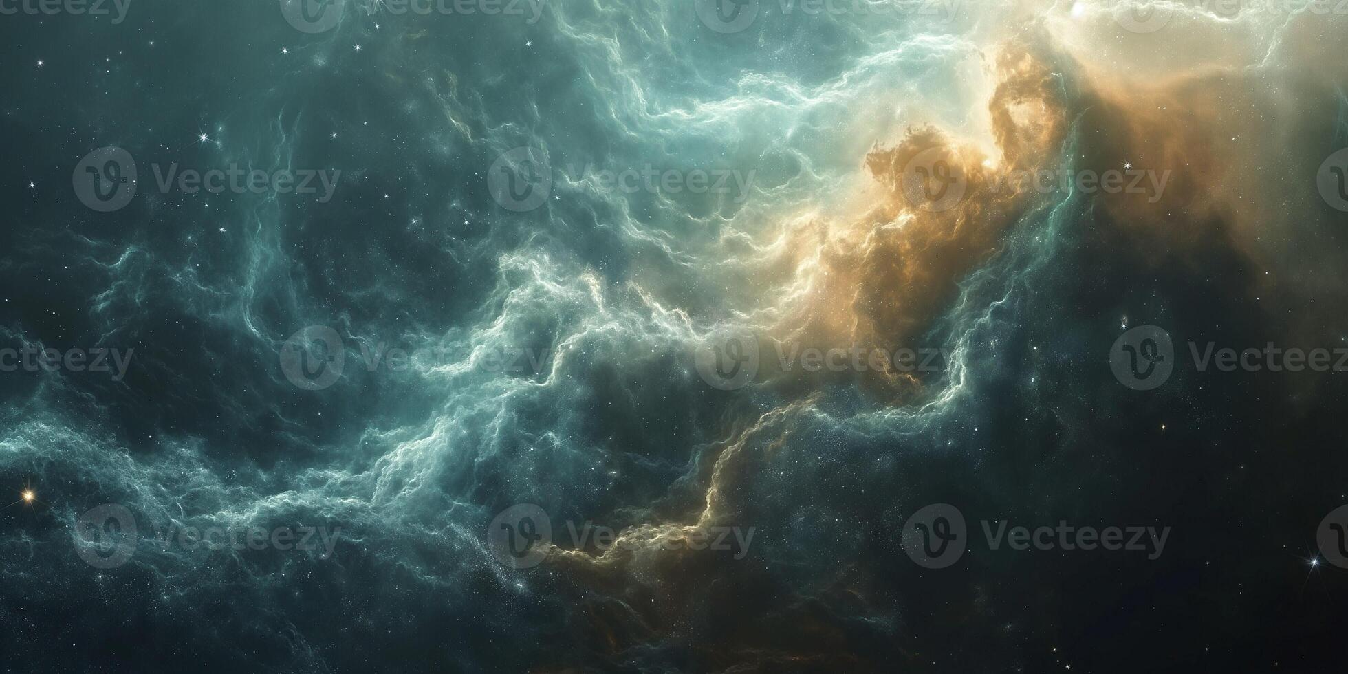 A captivating cosmic scene showcasing a blend of luminous clouds and swirling gases in shades of blue and gold. photo