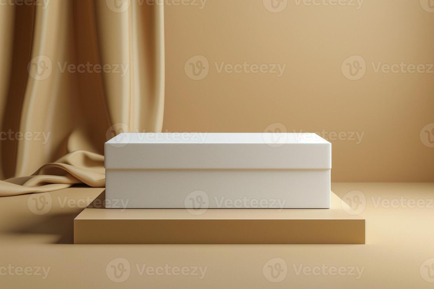 Minimalist white box on a beige pedestal with soft drapery in the background, creating a serene and elegant atmosphere. photo