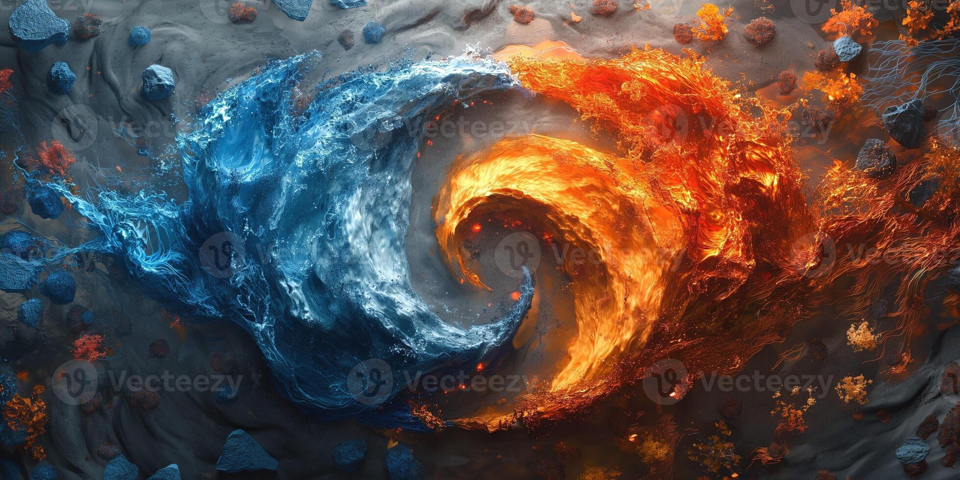 Vibrant swirls of blue water and orange fire collide in a dynamic dance of elements, showcasing nature's fierce beauty. photo