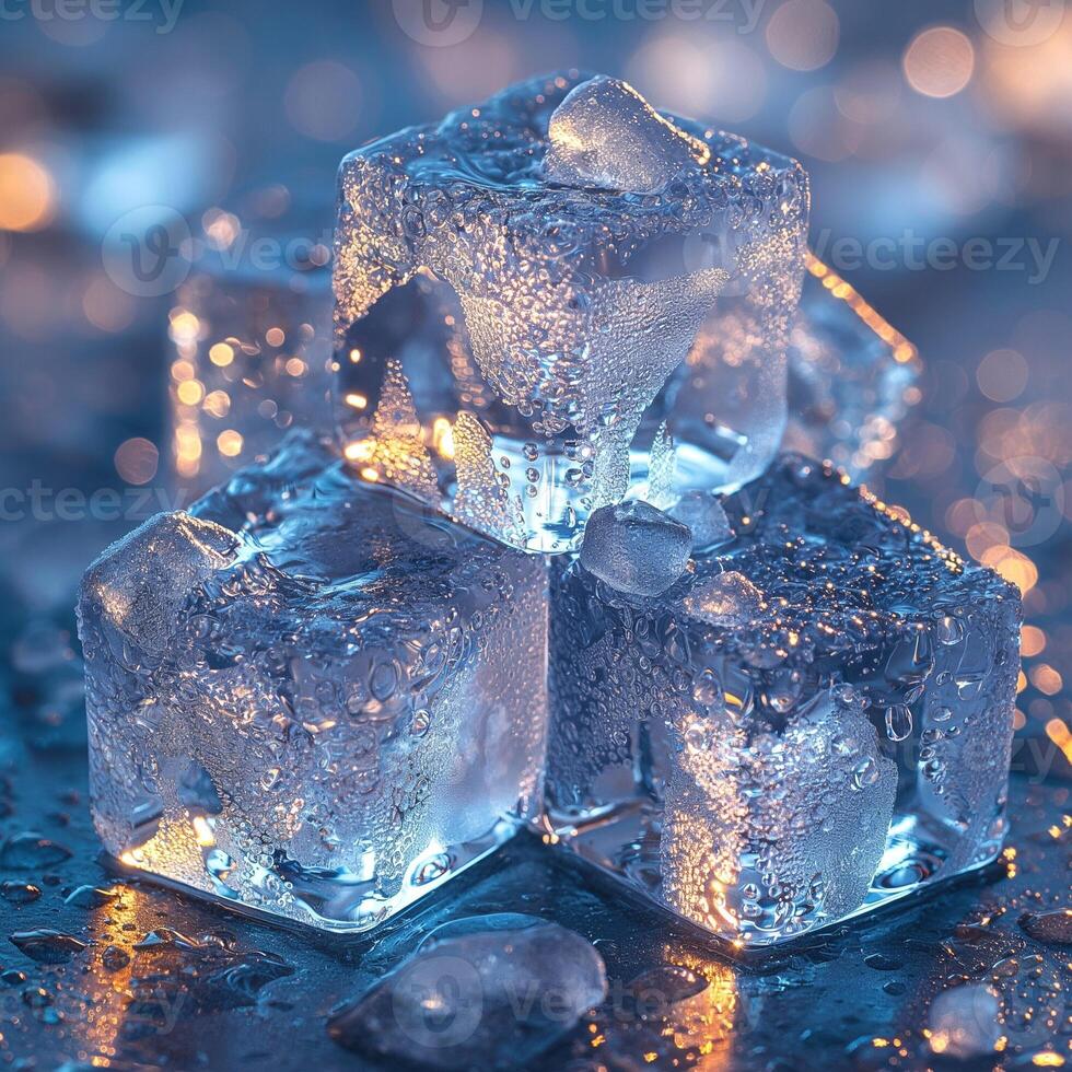 A close-up of glistening ice cubes with droplets, showcasing their translucent texture and reflecting soft blue lighting. photo
